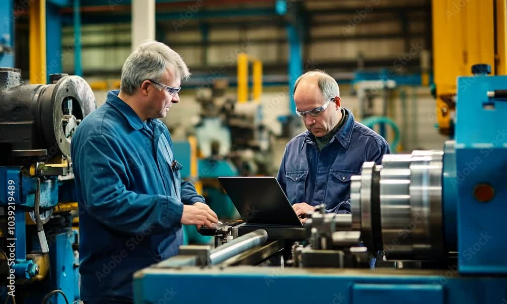 Two workers analyzing data on a laptop in an industrial setting. Two workers analyzing data on a laptop in an industrial setting.