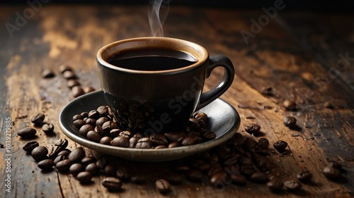 ceramic cup filled with black coffee with coffee beans