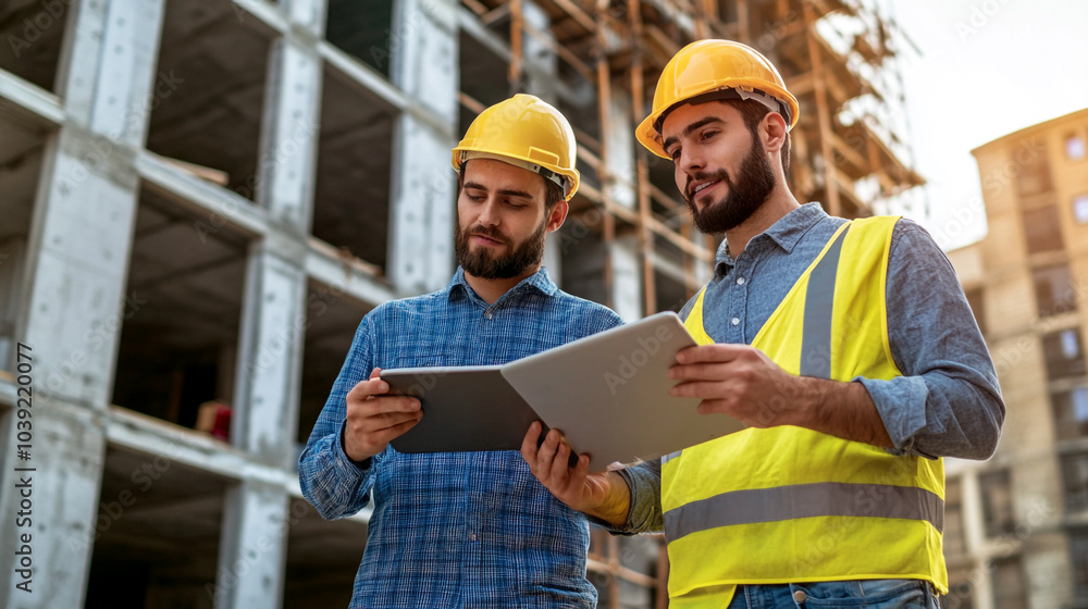 Two construction workers discussing plans at a building site during sunset in an urban area Two construction workers discussing plans at a building site during sunset in an urban area