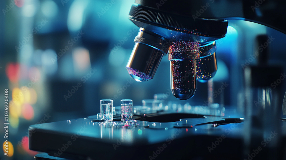 Close-up of a microscope with slides, showcasing intricate details in a laboratory setting Close-up of a microscope with slides, showcasing intricate details in a laboratory setting