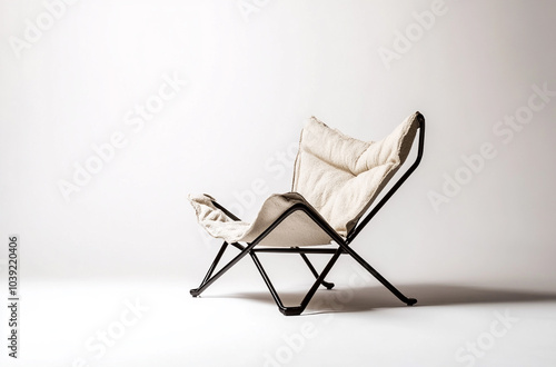 a sling chair with a metal frame and fabric seat