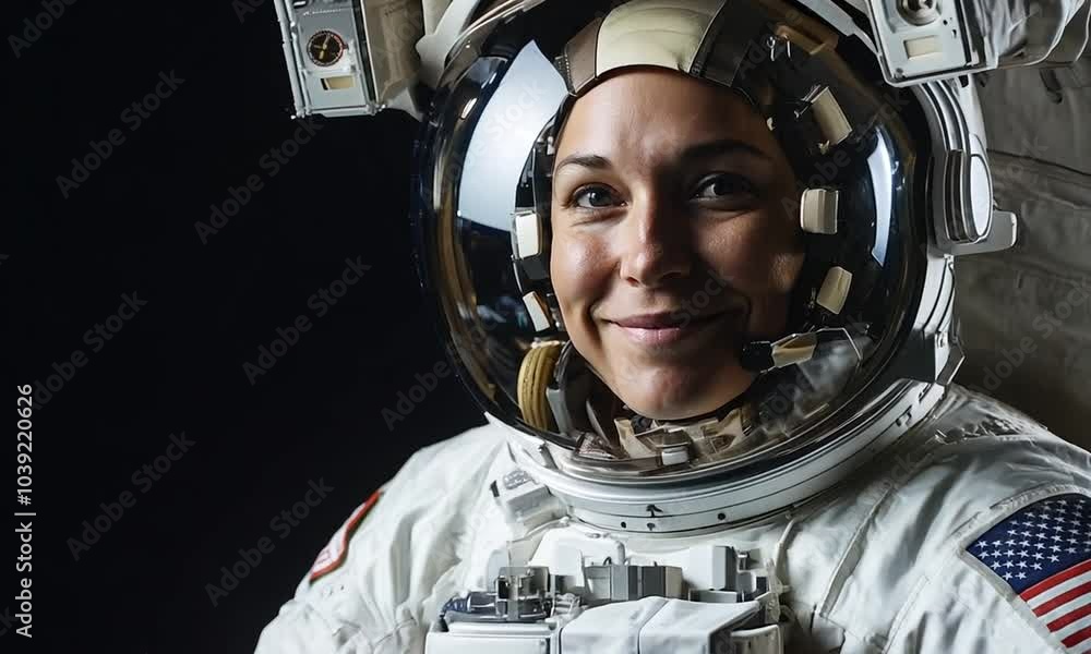 Smiling female astronaut in a spacesuit with the American flag on her arm. Smiling female astronaut in a spacesuit with the American flag on her arm.