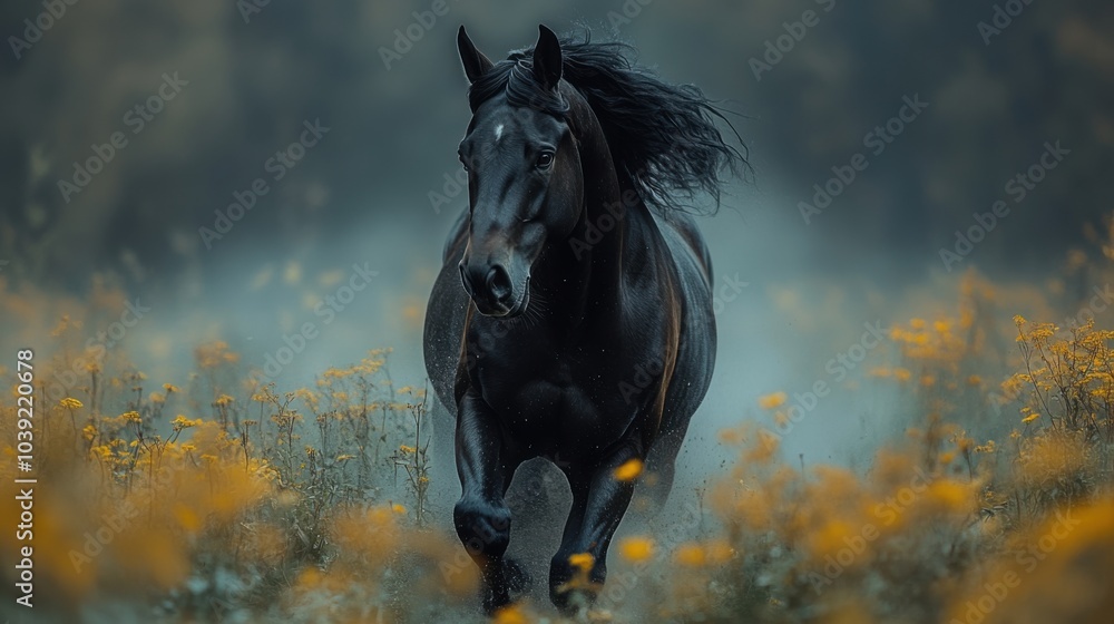 A majestic black horse galloping through a field of flowers. A majestic black horse galloping through a field of flowers.