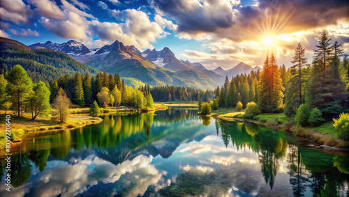 Breathtaking landscape featuring serene lake surrounded by lush forests and majestic mountains. vibrant colors of sunset reflect beautifully on water, creating peaceful atmosphere
