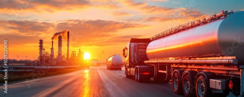 Large transport trucks at fuel processing plant, efficient logistics
