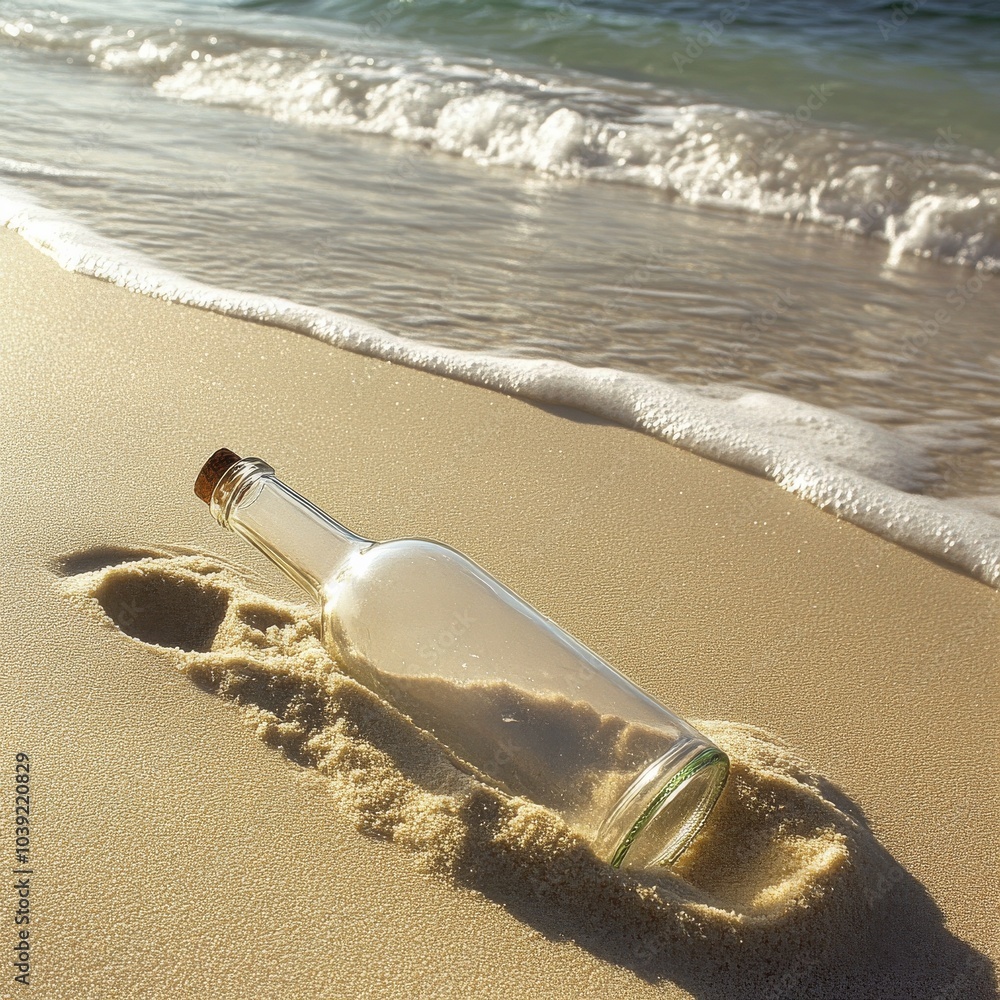 Fototapeta premium Message in a Bottle on Sandy Beach with Gentle Waves