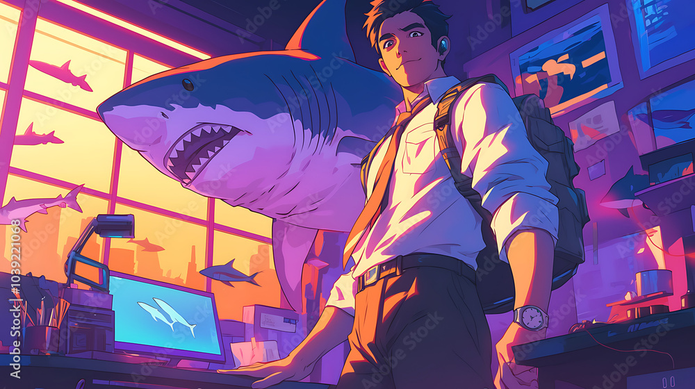a handsome young man in a cyberpunk school uniform with a picture of a big shark behind him a handsome young man in a cyberpunk school uniform with a picture of a big shark behind him