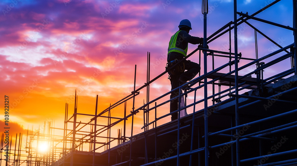 Fototapeta premium Construction worker climbing scaffolding during a stunning sunset at a building site