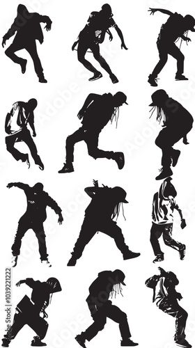 A set of men street dance hip hop dancers in silhouette