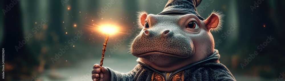 Fototapeta premium Baby hippo in a wizard's robe, sarcastic expression, detailed 3D render, magical forest background, glowing wand