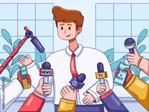 Illustration of a press conference scene featuring a person surrounded by multiple reporters and media representatives, each holding microphones and recording devices