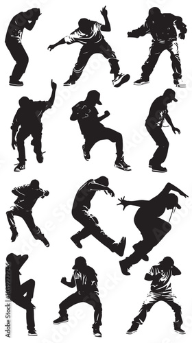 A set of men street dance hip hop dancers in silhouette