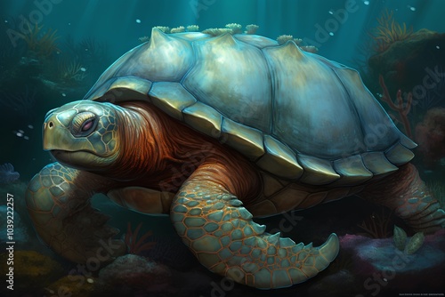 Turtle in the ocean. 3D render. Illustration. photo