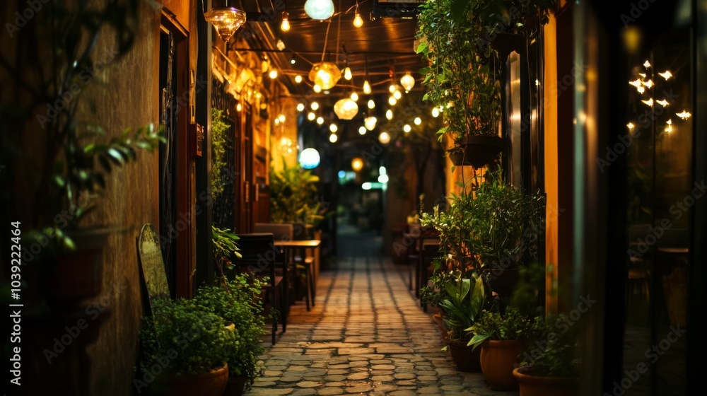 Cozy Night Pathway with Lanterns and Plants Cozy Night Pathway with Lanterns and Plants