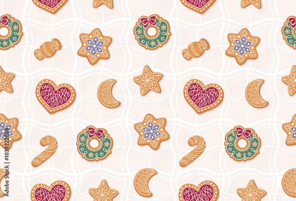 Seamless pattern of gingerbread cookies with icing. Hand drawn vector illustration. Design for Christmas and New year or homemade bakery wallpaper, textile, backdrop, wrapping paper. Seamless pattern of gingerbread cookies with icing. Hand drawn vector illustration. Design for Christmas and New year or homemade bakery wallpaper, textile, backdrop, wrapping paper.