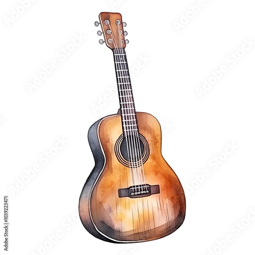 Acoustic guitar isolated on white background. Watercolor hand drawn illustration