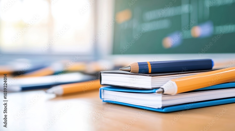 Close-up of stacked notebooks with colorful pens on a wooden desk, ideal for education and study themes. Close-up of stacked notebooks with colorful pens on a wooden desk, ideal for education and study themes.