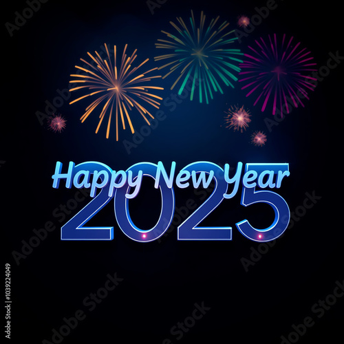 Happy New Year 2025 greeting card illustration copy space scene with firework and night sky