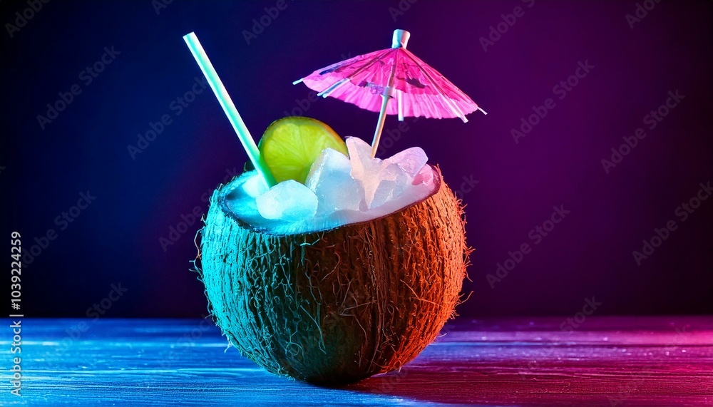 A frozen coconut and lime drink served in a hollowed-out coconut with a paper umbrella. A frozen coconut and lime drink served in a hollowed-out coconut with a paper umbrella.