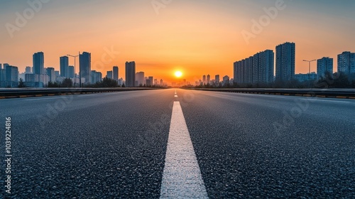 empty highway with city skyline at sunrise