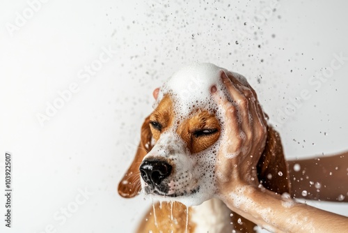 A person giving their dog a Beagle bathtub wash with water and shampoo foam in their hands, holding onto its head while it is being washed 