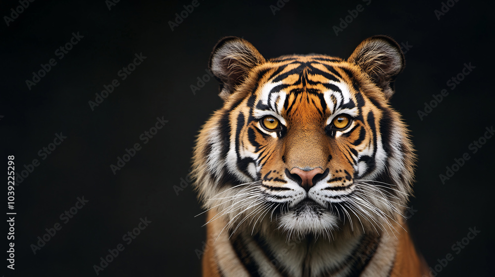 Fototapeta premium A mesmerizing close-up of a tigerâ€™s glowing yellow eyes, set against a deep black backdrop. The eyes are surrounded by dark orange fur, accented by bold black stripes, which frame the intense stare.