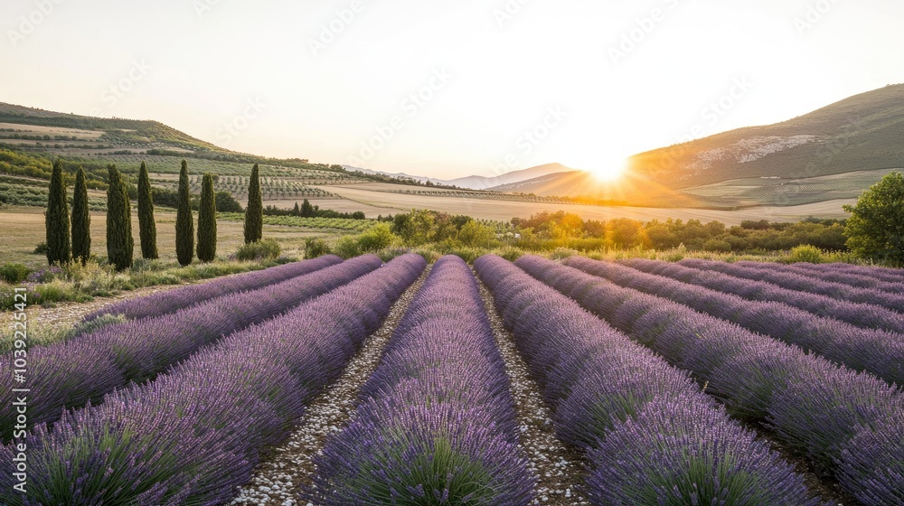 Vibrant field of lavender swaying gently in the spring breeze Vibrant field of lavender swaying gently in the spring breeze
