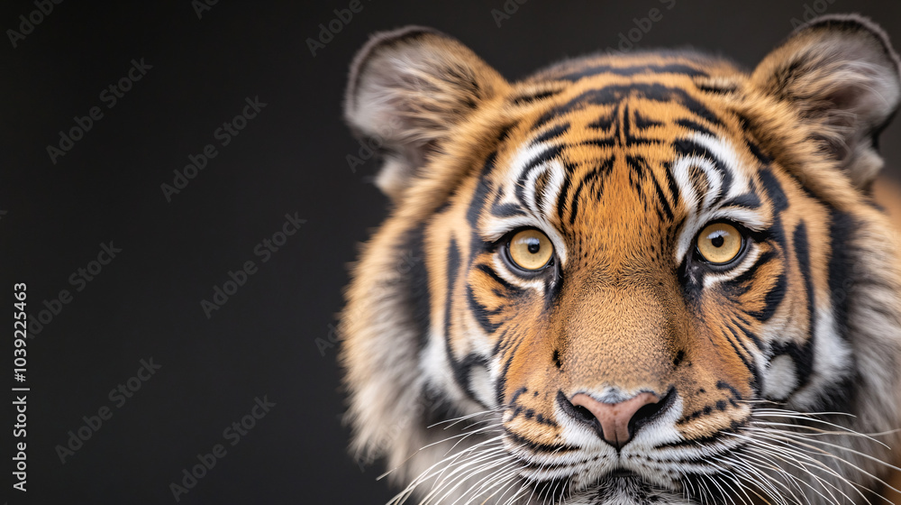 Fototapeta premium In this powerful close-up, the bright yellow eyes of a tiger stare directly at the viewer. The dark orange fur with sharp black stripes frames the eyes, creating a striking contrast against the black