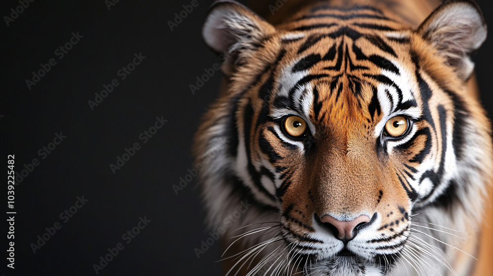 Obraz premium The vivid yellow eyes of a tiger are the focal point of this close-up shot, set against a completely black background. The tigerâ€™s fur is a deep orange with sharp black stripes, highlighting the
