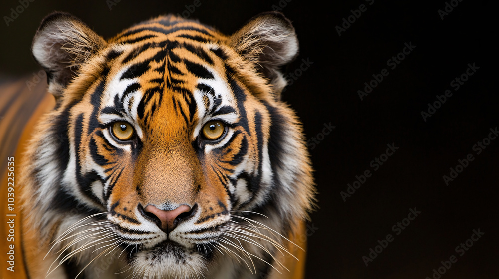 This image captures the bold, bright yellow eyes of a tiger in a detailed close-up. The tiger’s fur, dark orange with black stripes, subtly frames the eyes while the background is solid black, This image captures the bold, bright yellow eyes of a tiger in a detailed close-up. The tiger’s fur, dark orange with black stripes, subtly frames the eyes while the background is solid black,