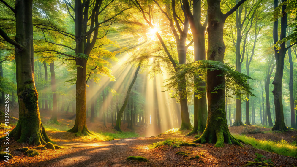 serene forest scene with sunlight streaming through trees, creating dappled patterns of light and shadow on forest floor. atmosphere is tranquil and inviting, perfect for peaceful walk serene forest scene with sunlight streaming through trees, creating dappled patterns of light and shadow on forest floor. atmosphere is tranquil and inviting, perfect for peaceful walk