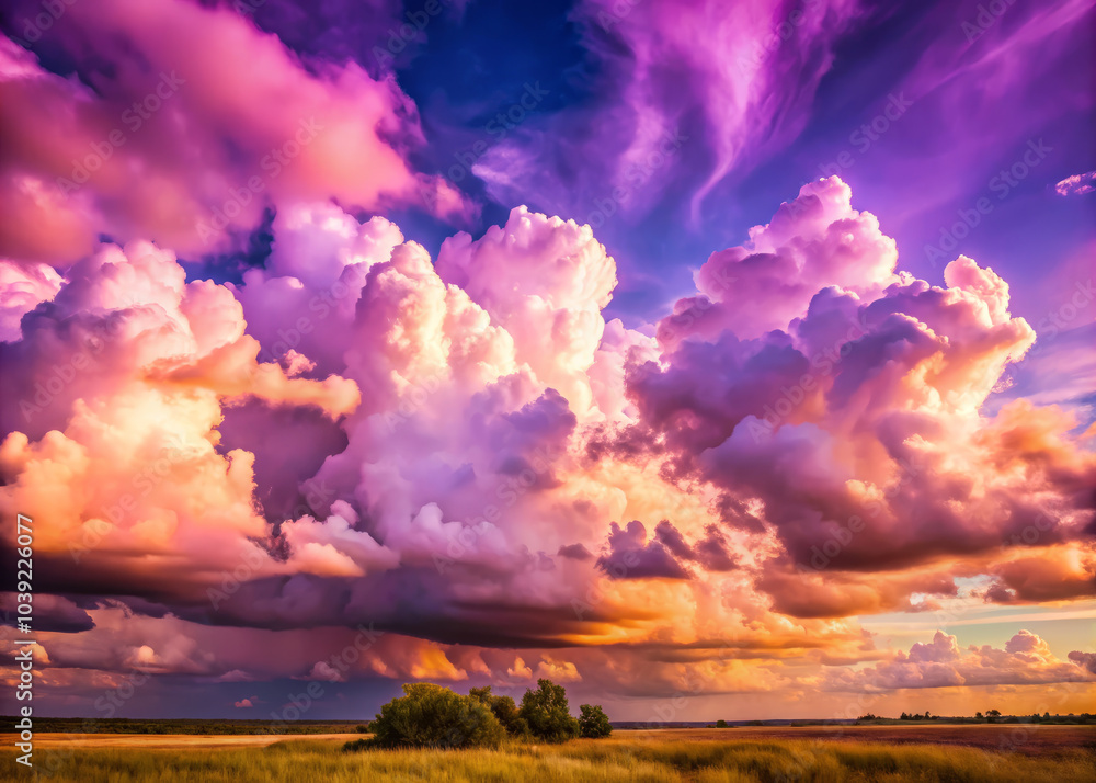 Obraz premium Majestic clouds fill sky with vibrant hues of purple and pink, creating stunning sunset backdrop. scene evokes sense of wonder and tranquility in natures beauty