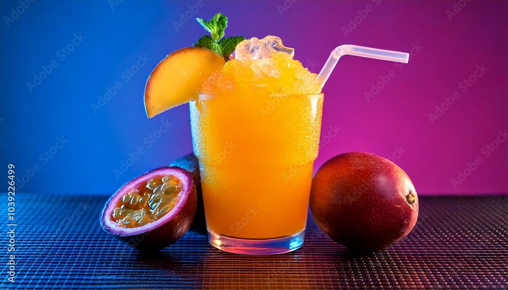 Fototapeta premium A mango and passionfruit slushie in a clear glass, with slices of tropical fruits as garnish.