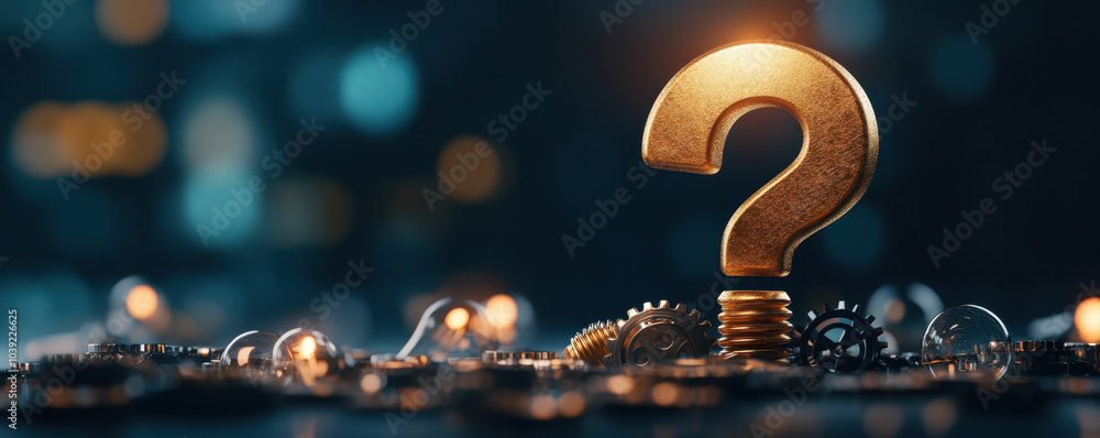 Naklejka premium golden question mark intertwined with gears and light bulbs symbolizes curiosity and innovation. This captivating image evokes sense of wonder and exploration in creative environment