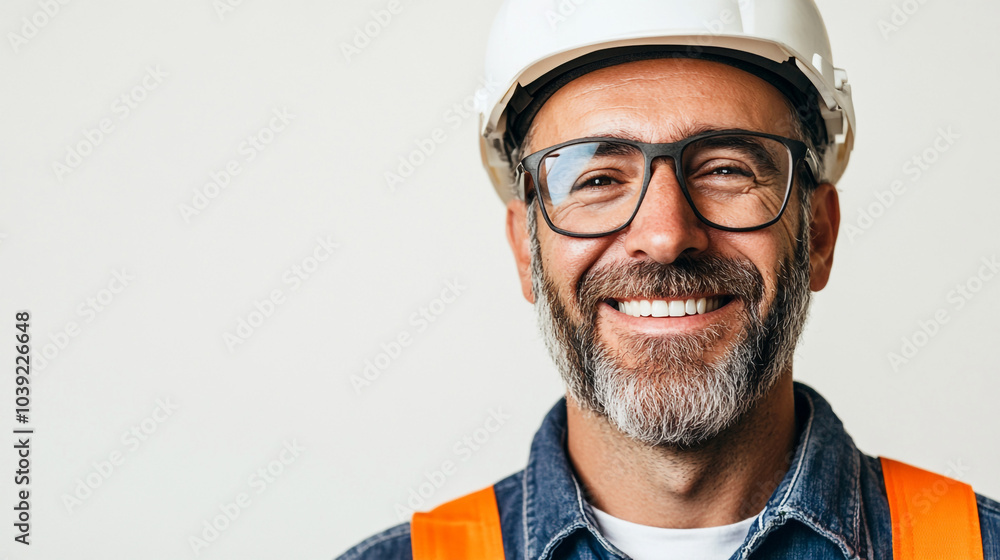 Smiling construction worker wearing a hard hat and safety vest during a project in the workplace Smiling construction worker wearing a hard hat and safety vest during a project in the workplace