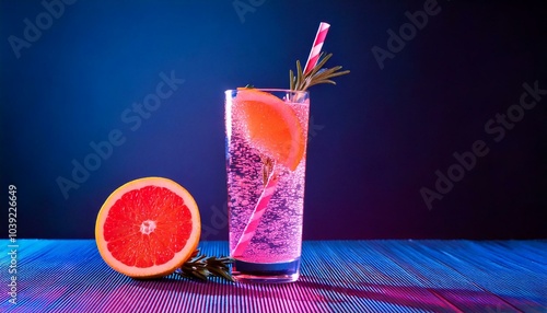 A sparkling grapefruit soda with a sprig of rosemary, served in a tall glass with a paper straw.