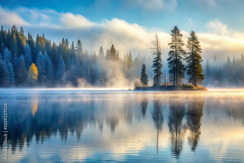 Fototapeta premium serene lake reflects beauty of nature, with delicate wisps of fog dancing above waters surface. Tall trees surround tranquil scene, creating peaceful atmosphere