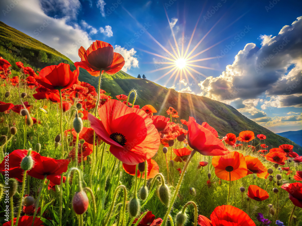 Fototapeta premium Breathtaking electric red poppies bloom vibrantly across undulating hillside, illuminated by warm sunlight. scene captures beauty of nature, evoking sense of tranquility and joy