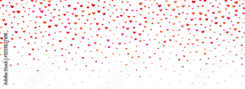 Falling down heart-shaped confetti background. Repeated pink and red heart glitter pattern. Romantic repeating wallpaper for celebration St Valentines day, birthday, wedding. Vector