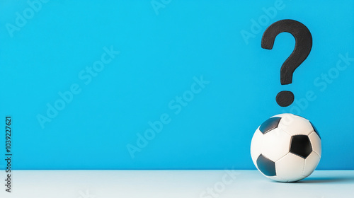 soccer ball sits against bright blue background, with large question mark hovering above it, symbolizing curiosity and inquiry about sport