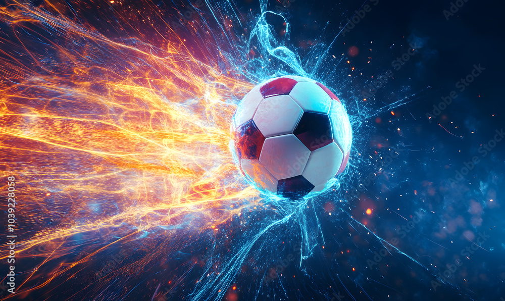 Naklejka premium Dynamic Neon Football Action with Futuristic Geometric Patterns and Vibrant Light Trails for High-Energy Sports Advertising Backgrounds