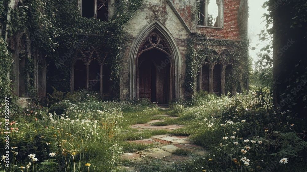 A forgotten country mansion is slowly being reclaimed by nature. Its once stately façade is covered in moss, creepers crawl over broken doors, and wildflowers bloom in the cracks in the stone paths. A forgotten country mansion is slowly being reclaimed by nature. Its once stately façade is covered in moss, creepers crawl over broken doors, and wildflowers bloom in the cracks in the stone paths.