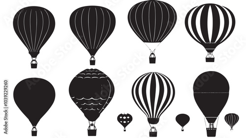 A set of vector silhouettes of hot air balloons , black silhouettes isolated on white background