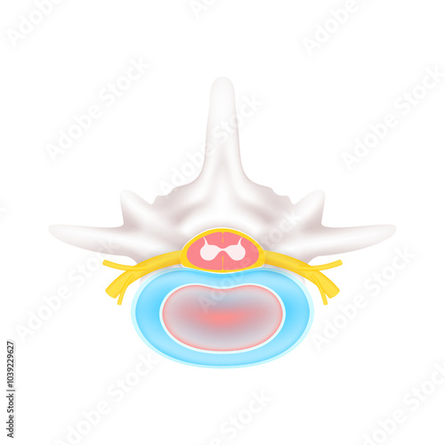Top view spinal nerve cord yellow. Vertebral anatomy and disc bone human organ on white background. Medical diagnosis concept. Banner vector EPS10.