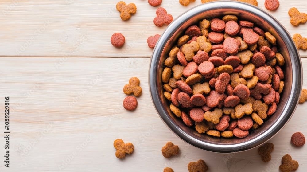 A metallic bowl filled with colorful dog food, surrounded by scattered kibble on a wooden surface, ideal for pet-related themes. A metallic bowl filled with colorful dog food, surrounded by scattered kibble on a wooden surface, ideal for pet-related themes.