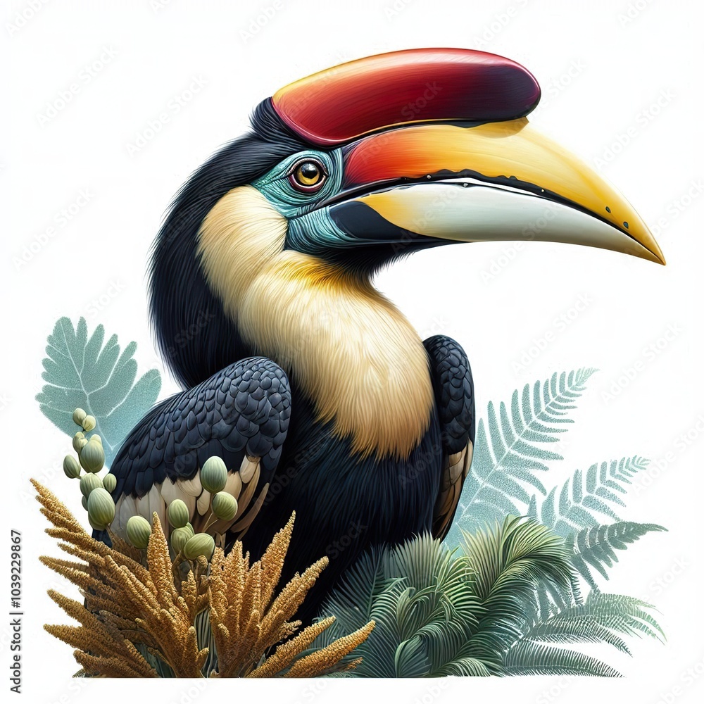 Fototapeta premium hornbill as a realistic painting with a flat block colour australian native plant in the background