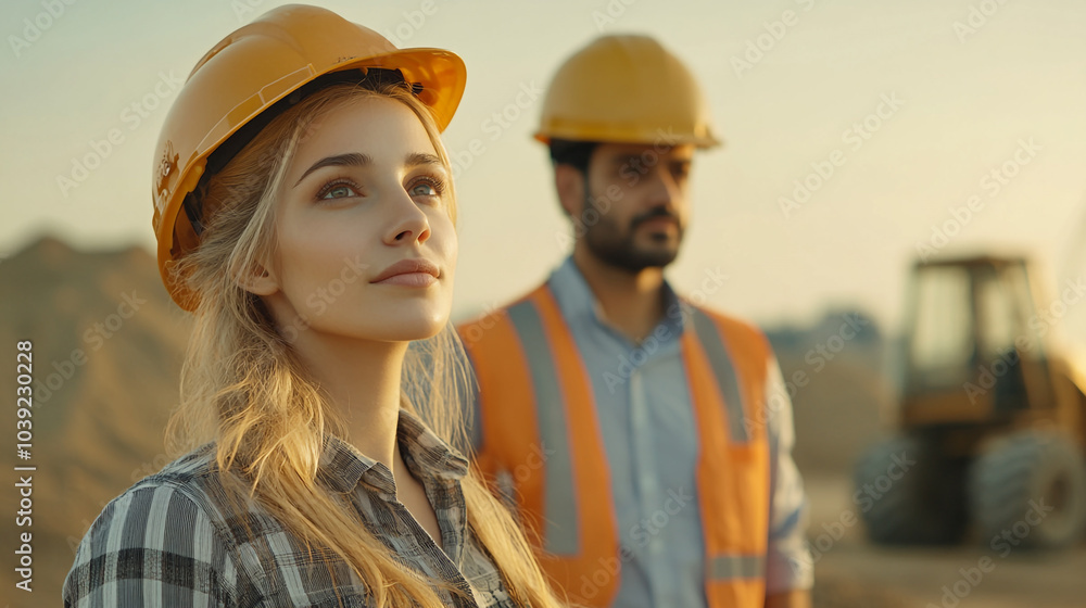 Construction workers assessing project site at sunset in an outdoor environment Construction workers assessing project site at sunset in an outdoor environment