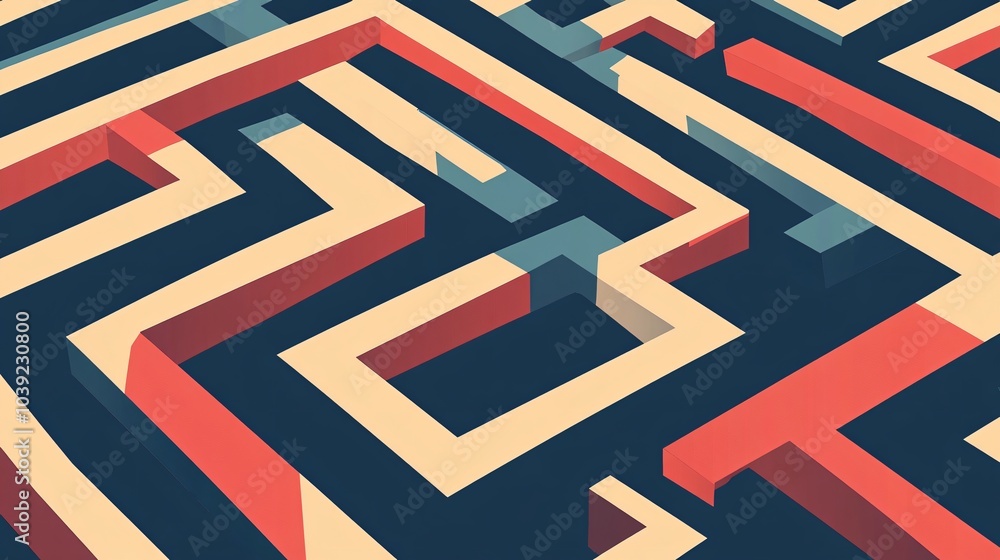 Abstract geometric maze with red and yellow lines on a blue background. Abstract geometric maze with red and yellow lines on a blue background.