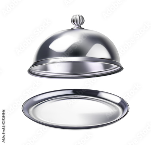 3d realistic vector icon illustration. Silver tray and food cloche with cover and tray. 