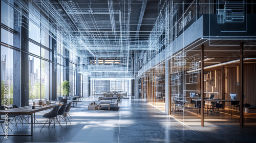 Modern office space design featuring architectural planning and natural light elements